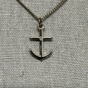 Nautical Anchor Pendant Silver Tone 16" Necklace Rhinestone Center Dainty